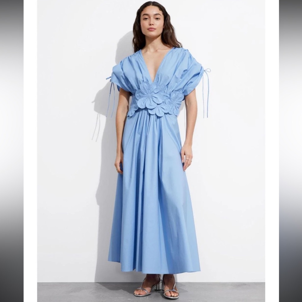 & Other Stories Aves Dress in Cornflower Blue Poplin Plunge Midi Sundress